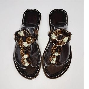 Chocolate Brown Boho Handbeaded leather flip flop flat sandals EU 37 US 6.5 9" L